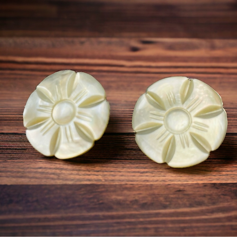 Vintage clip-on earrings. Mother-of-Pearl look. 1” diameter. EUC.